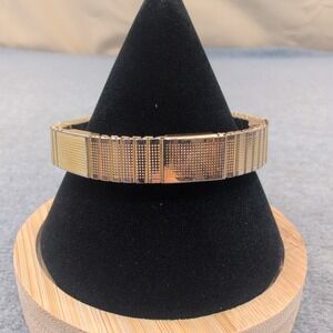 Gold Tone Stretch Bracelet Geometric Pattern Textured Metal Stretch to Fit